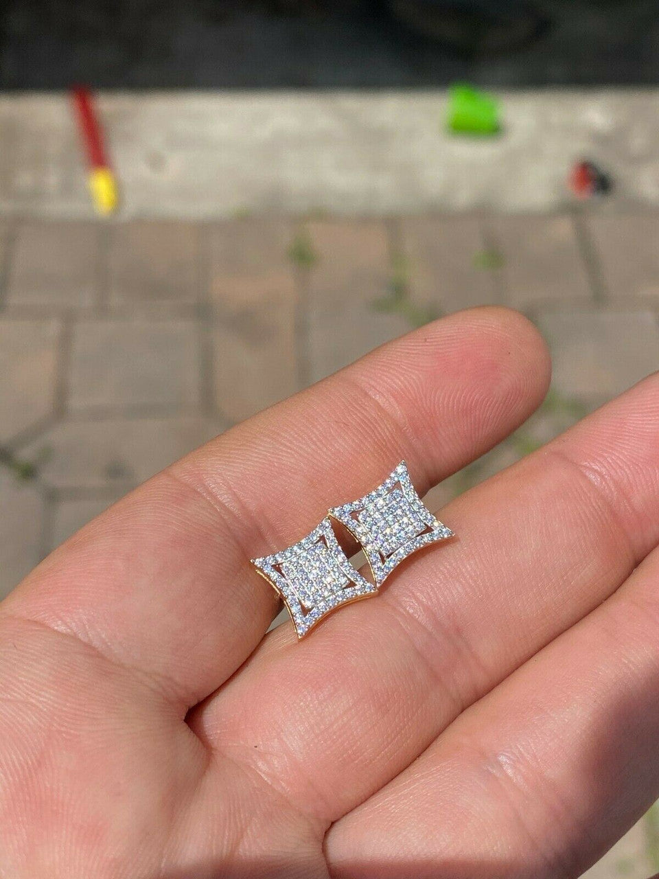 HarlemBling Mens Real 925 Sterling Silver Iced Diamond HipHop Square Kite Earrings Screwback