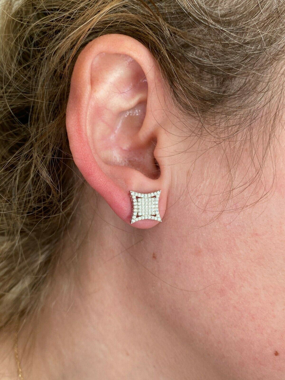 HarlemBling Mens Real 925 Sterling Silver Iced Diamond HipHop Square Kite Earrings Screwback