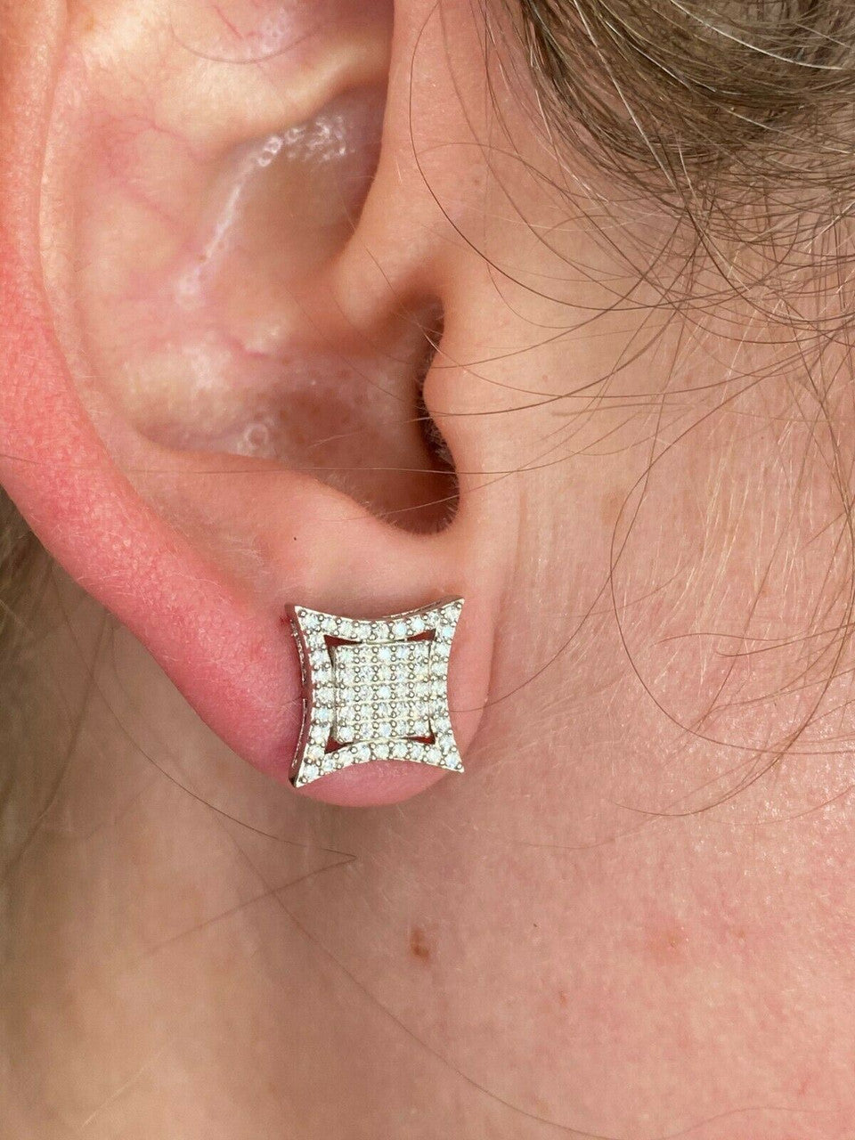 HarlemBling Mens Real 925 Sterling Silver Iced Diamond HipHop Square Kite Earrings Screwback