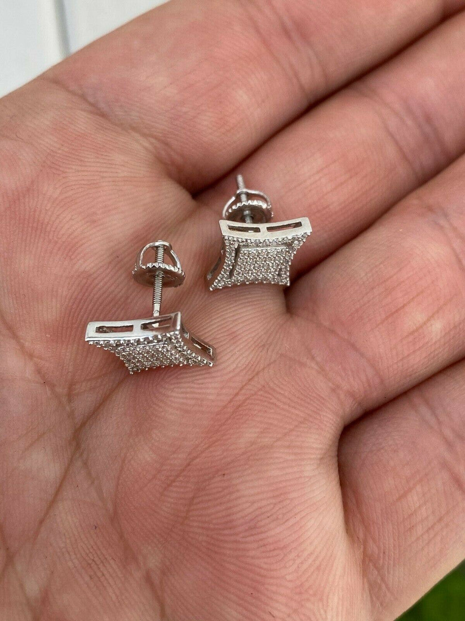 HarlemBling Mens Real 925 Sterling Silver Iced Diamond HipHop Square Kite Earrings Screwback