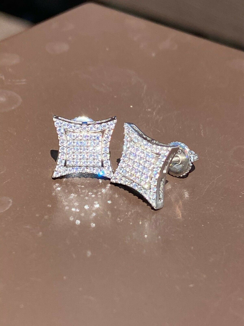 HarlemBling Mens Real 925 Sterling Silver Iced Diamond HipHop Square Kite Earrings Screwback