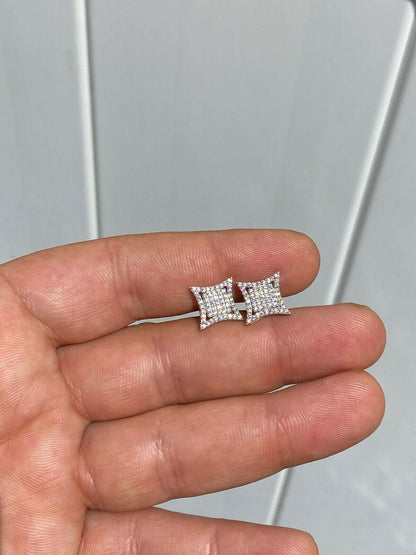HarlemBling Mens Real 925 Sterling Silver Iced Diamond HipHop Square Kite Earrings Screwback