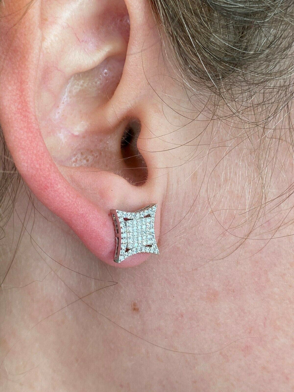 HarlemBling Mens Real 925 Sterling Silver Iced Diamond HipHop Square Kite Earrings Screwback