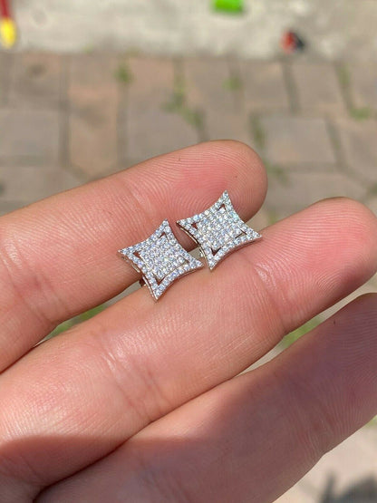 HarlemBling Mens Real 925 Sterling Silver Iced Diamond HipHop Square Kite Earrings Screwback