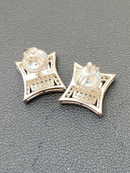 HarlemBling Mens Real 925 Sterling Silver Iced Diamond HipHop Square Kite Earrings Screwback