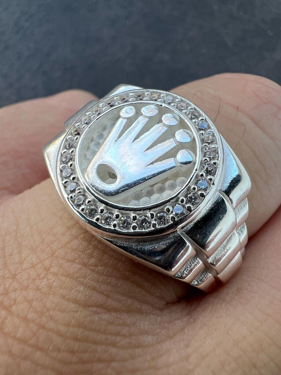 HarlemBling Mens Real 925 Sterling Silver Iced Out Rolex Crown Watch Ring