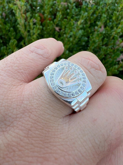 HarlemBling Mens Real 925 Sterling Silver Iced Out Rolex Crown Watch Ring