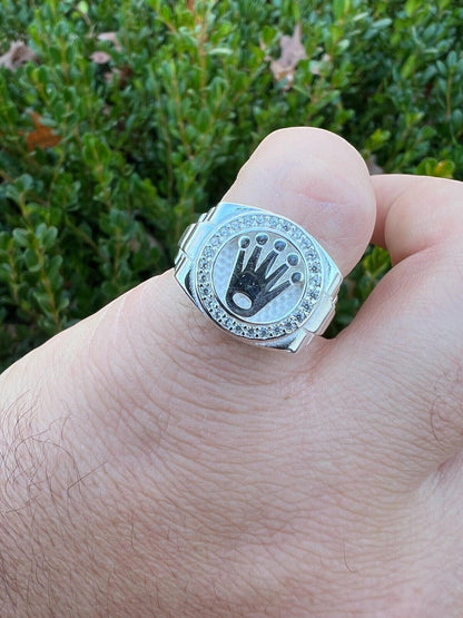 HarlemBling Mens Real 925 Sterling Silver Iced Out Rolex Crown Watch Ring