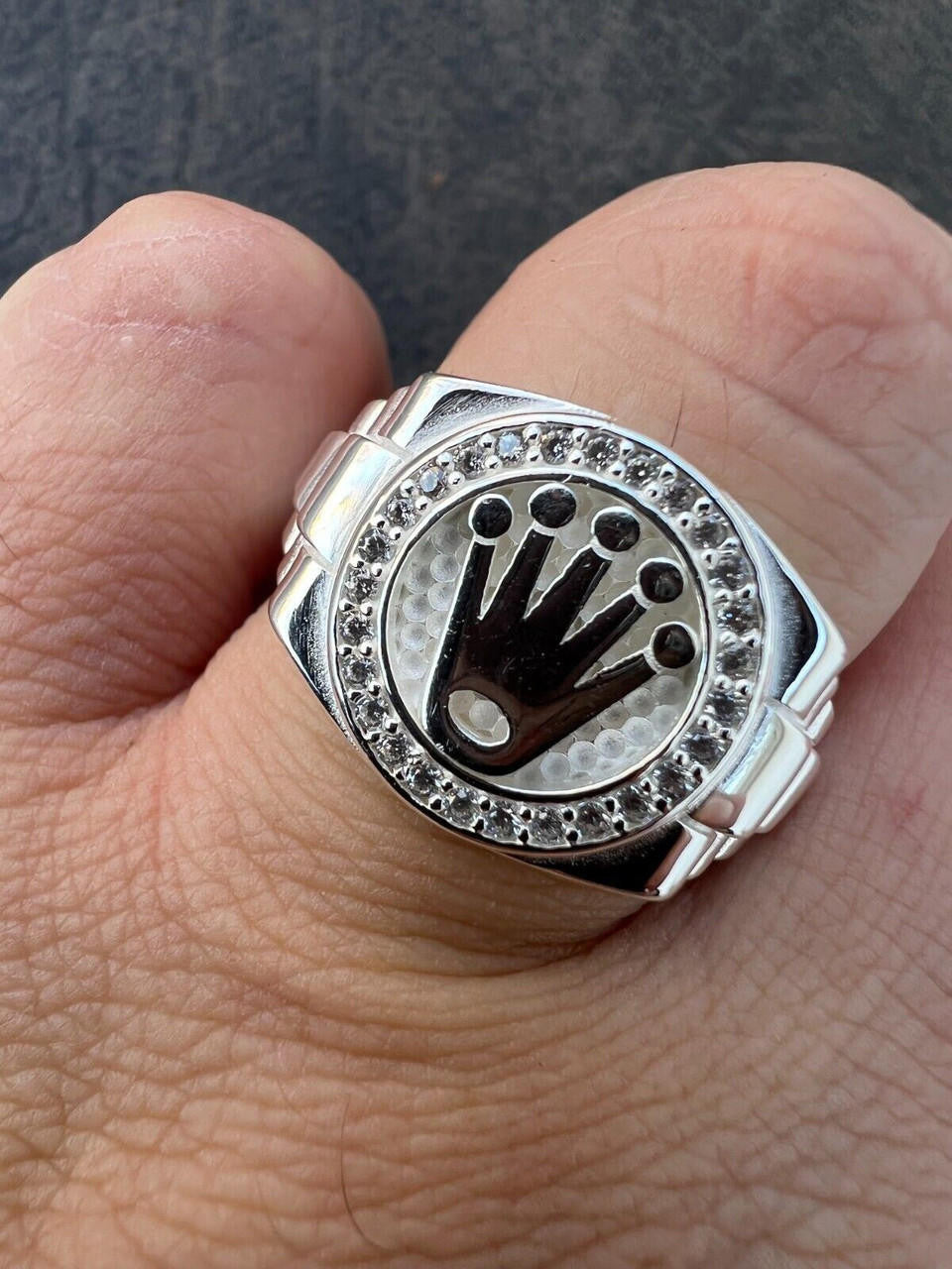HarlemBling Mens Real 925 Sterling Silver Iced Out Rolex Crown Watch Ring