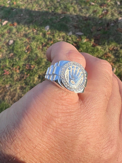 HarlemBling Mens Real 925 Sterling Silver Iced Out Rolex Crown Watch Ring