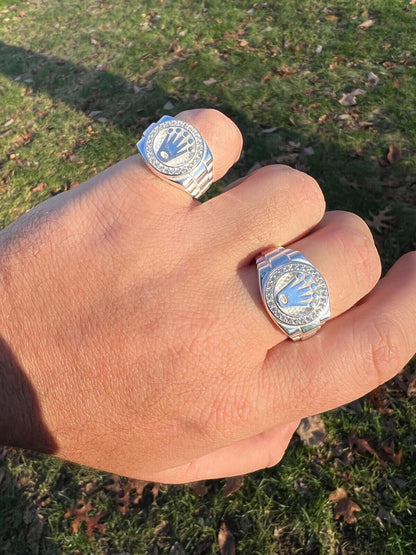 HarlemBling Mens Real 925 Sterling Silver Iced Out Rolex Crown Watch Ring