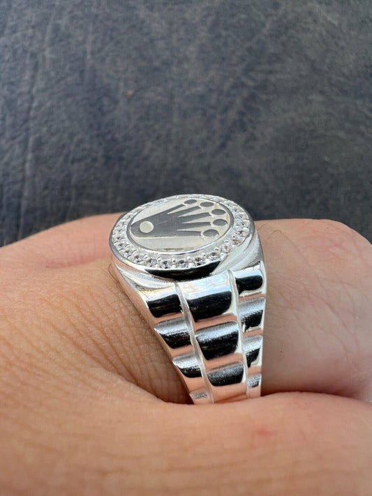 HarlemBling Mens Real 925 Sterling Silver Iced Out Rolex Crown Watch Ring