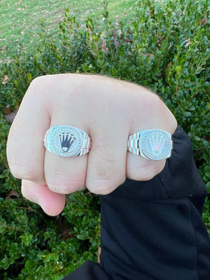 HarlemBling Mens Real 925 Sterling Silver Iced Out Rolex Crown Watch Ring