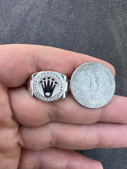 HarlemBling Mens Real 925 Sterling Silver Iced Out Rolex Crown Watch Ring