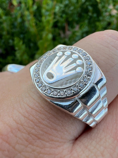 HarlemBling Mens Real 925 Sterling Silver Iced Out Rolex Crown Watch Ring