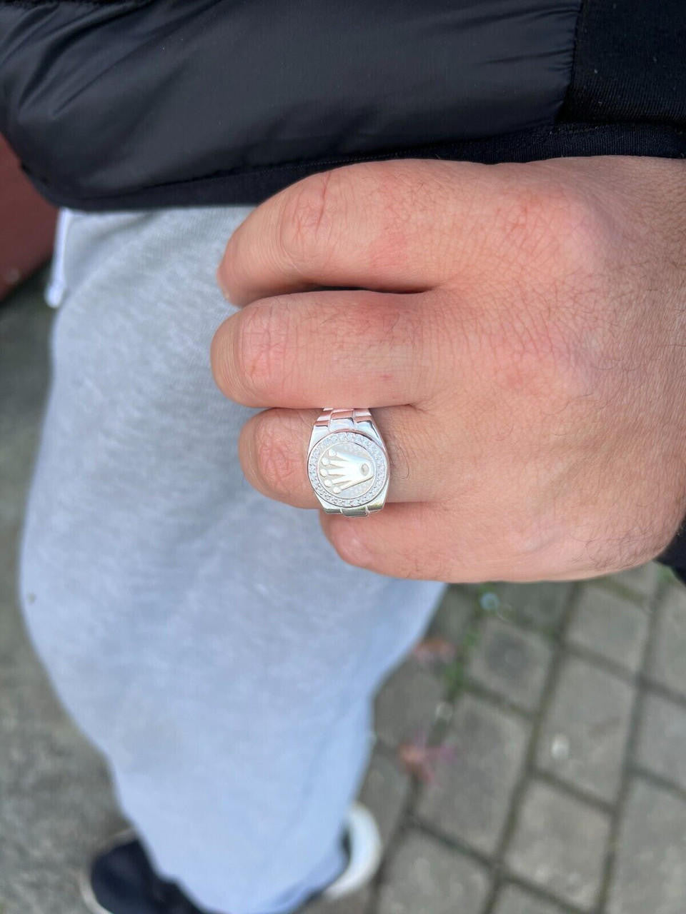 HarlemBling Mens Real 925 Sterling Silver Iced Out Rolex Crown Watch Ring