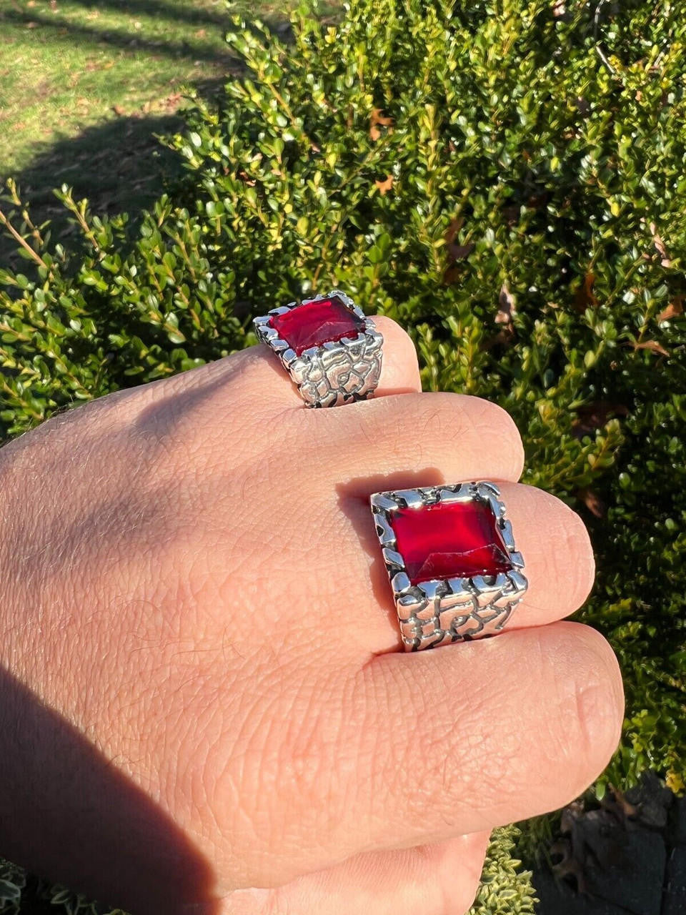 HarlemBling Mens Real 925 Sterling Silver Iced Simulated Big Red Ruby Nugget Hip Hop Ring