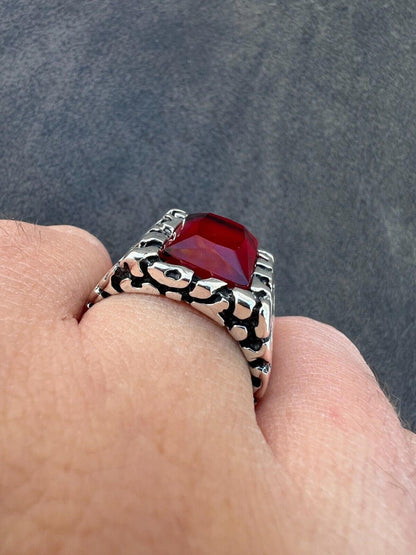 HarlemBling Mens Real 925 Sterling Silver Iced Simulated Big Red Ruby Nugget Hip Hop Ring
