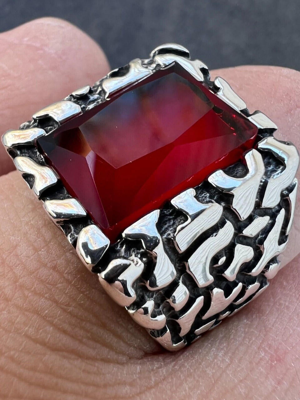 HarlemBling Mens Real 925 Sterling Silver Iced Simulated Big Red Ruby Nugget Hip Hop Ring