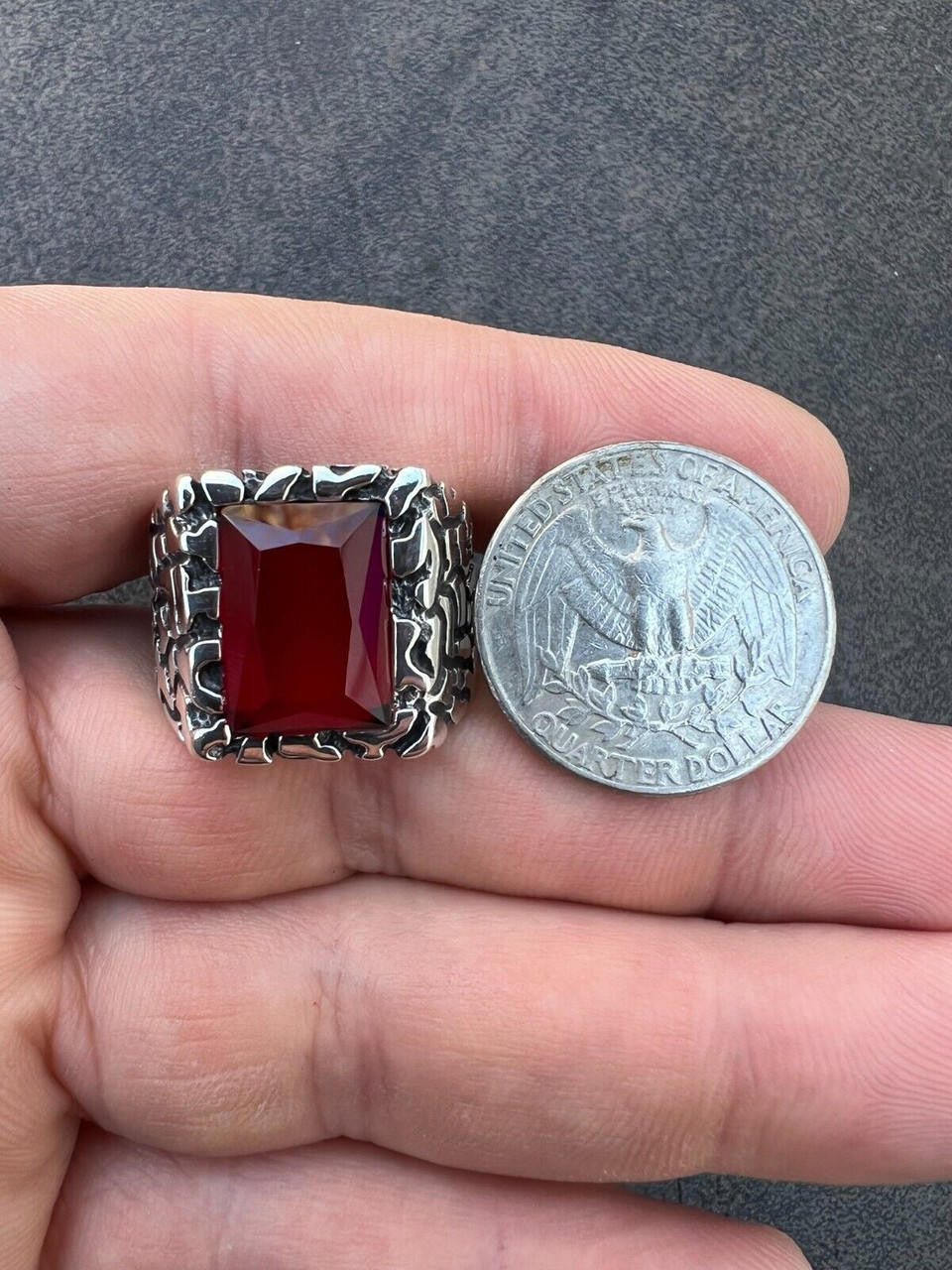 HarlemBling Mens Real 925 Sterling Silver Iced Simulated Big Red Ruby Nugget Hip Hop Ring