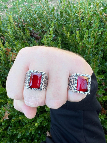 HarlemBling Mens Real 925 Sterling Silver Iced Simulated Big Red Ruby Nugget Hip Hop Ring