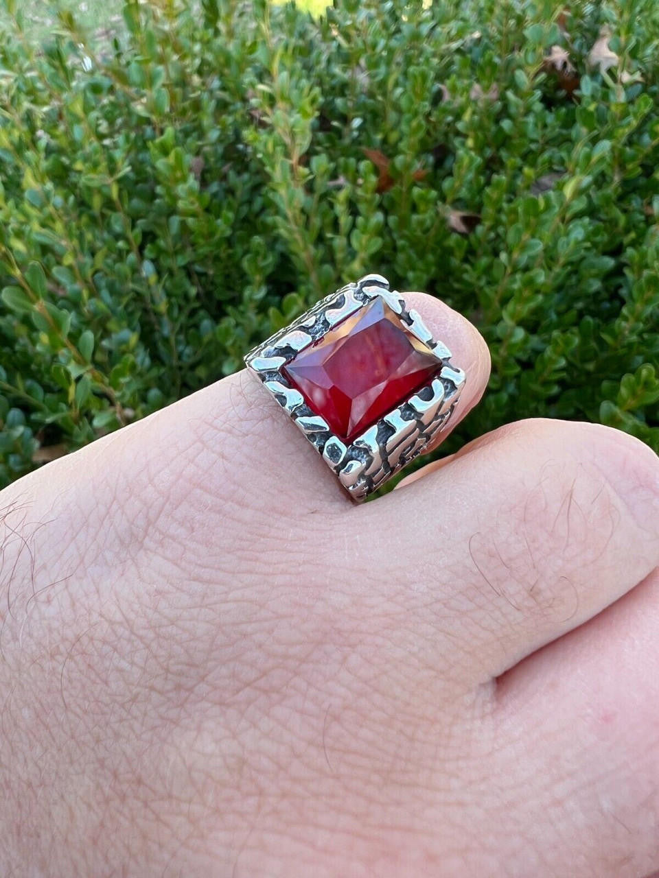 HarlemBling Mens Real 925 Sterling Silver Iced Simulated Big Red Ruby Nugget Hip Hop Ring