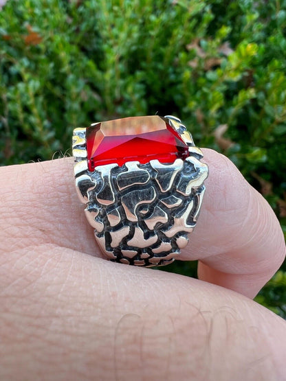 HarlemBling Mens Real 925 Sterling Silver Iced Simulated Big Red Ruby Nugget Hip Hop Ring