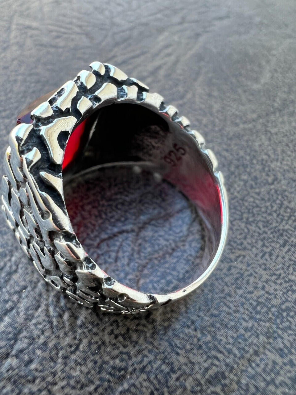 HarlemBling Mens Real 925 Sterling Silver Iced Simulated Big Red Ruby Nugget Hip Hop Ring