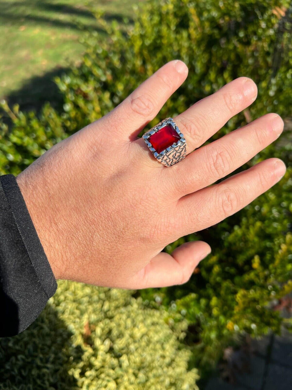 HarlemBling Mens Real 925 Sterling Silver Iced Simulated Big Red Ruby Nugget Hip Hop Ring