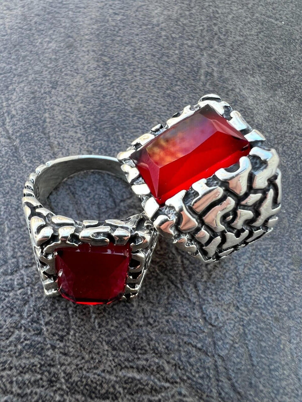HarlemBling Mens Real 925 Sterling Silver Iced Simulated Big Red Ruby Nugget Hip Hop Ring