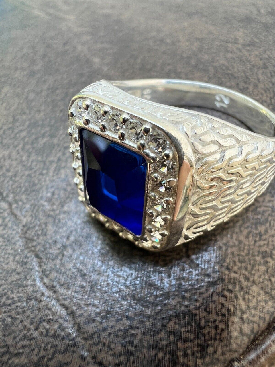 Men's Real 925 Sterling Silver Iced Simulated Blue Sapphire & CZ