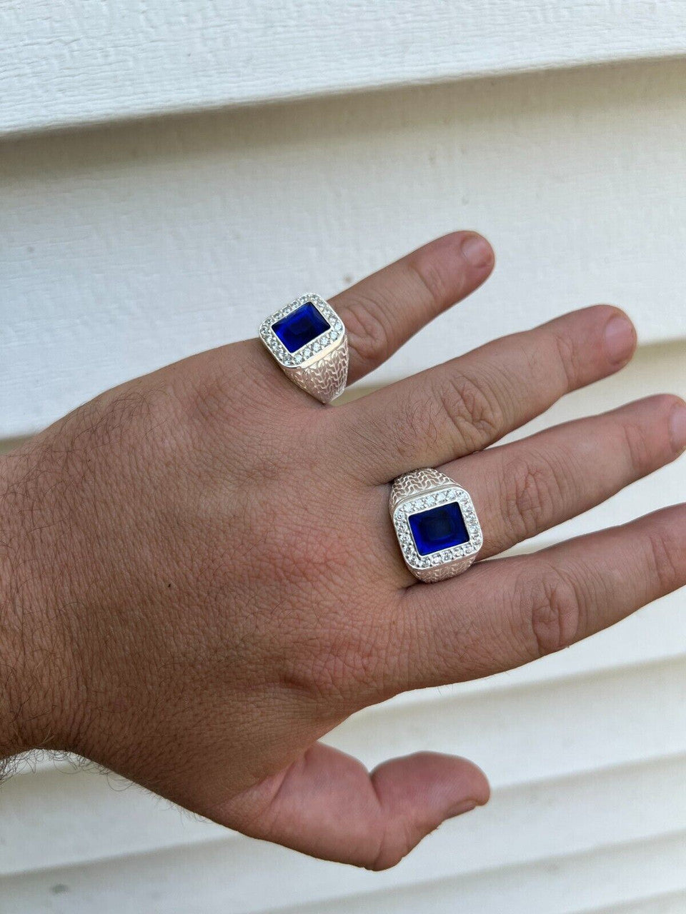 HarlemBling Mens Real 925 Sterling Silver Iced Simulated Blue Sapphire and CZ Hip Hop Ring