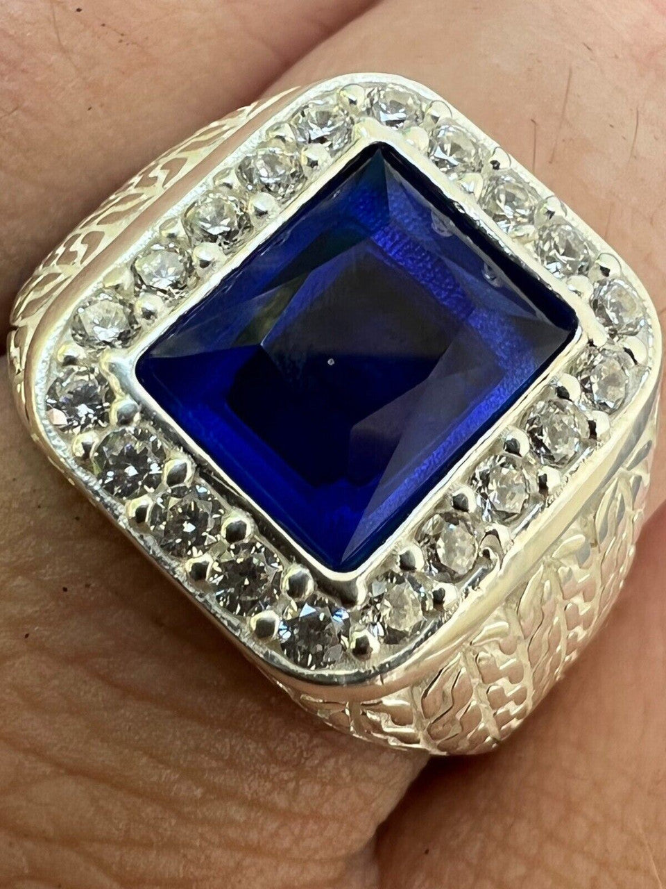 BLUE BLUE silverリング Men's Real 925 Sterling Silver Iced Simulated Blue Sapphire & CZ