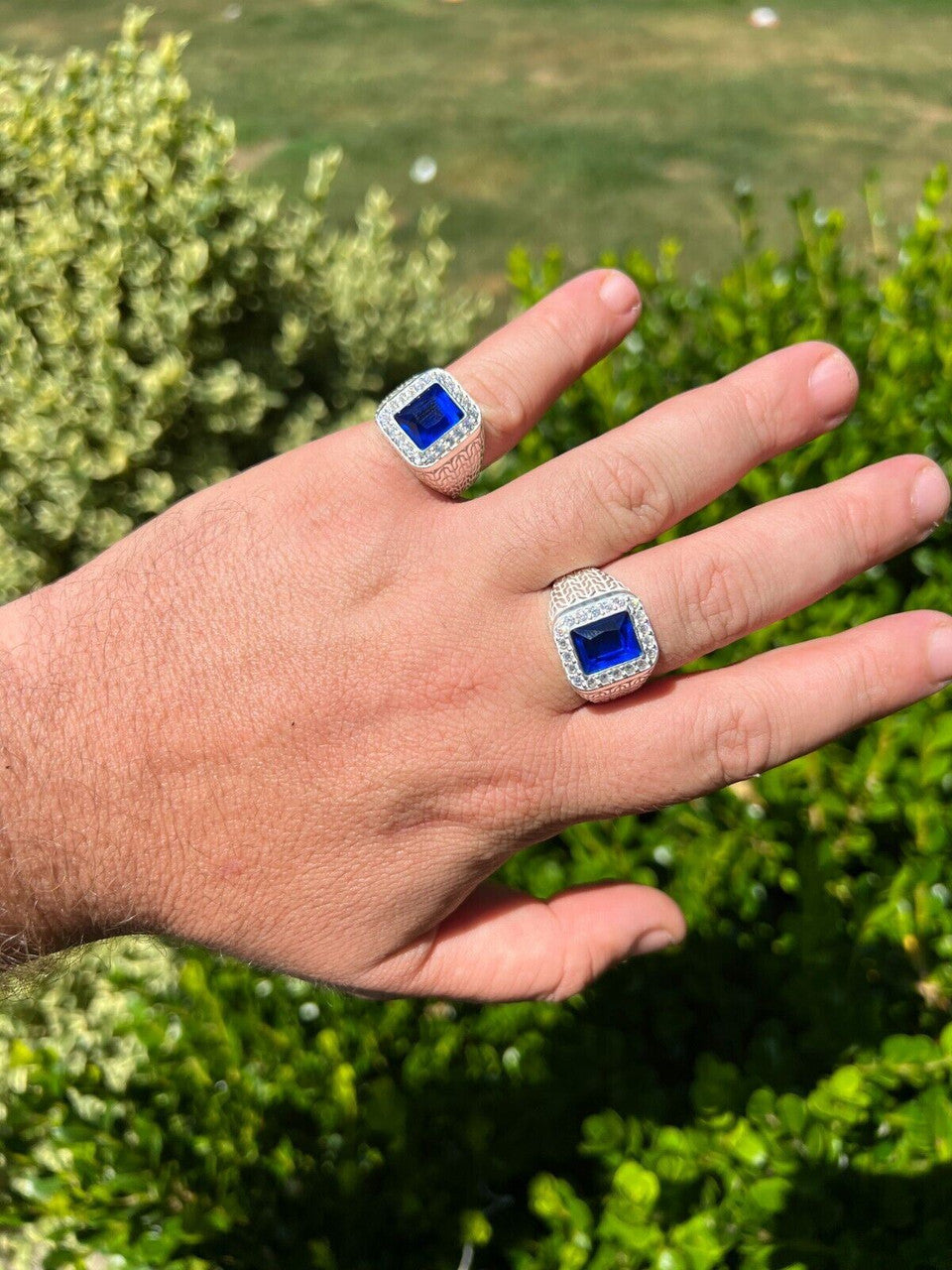 Men's Real 925 Sterling Silver Iced Simulated Blue Sapphire & CZ
