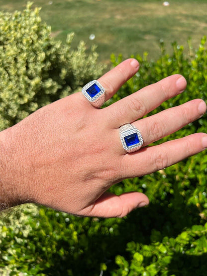 HarlemBling Mens Real 925 Sterling Silver Iced Simulated Blue Sapphire and CZ Hip Hop Ring