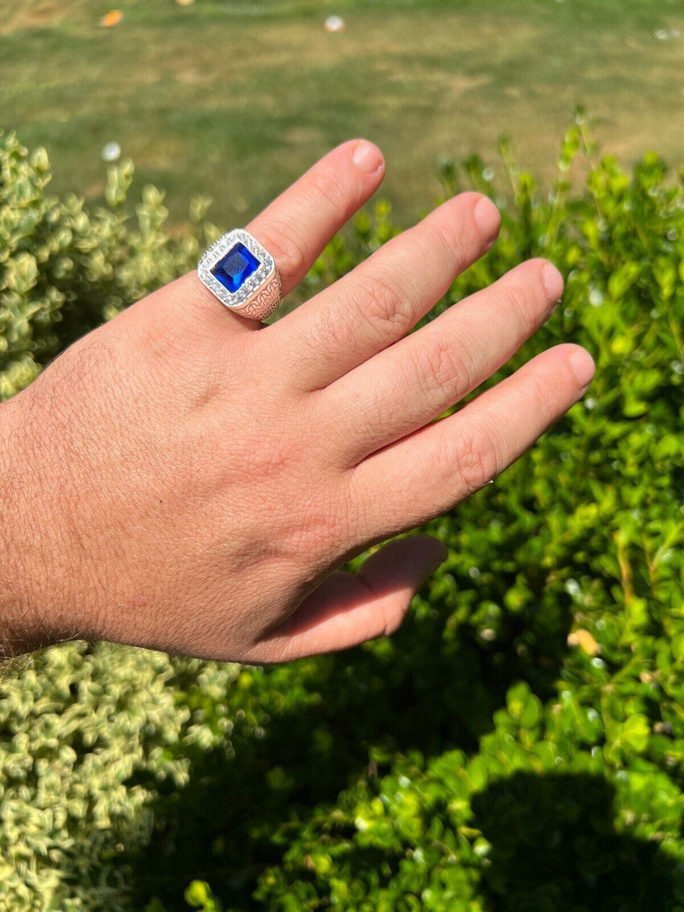 HarlemBling Mens Real 925 Sterling Silver Iced Simulated Blue Sapphire and CZ Hip Hop Ring