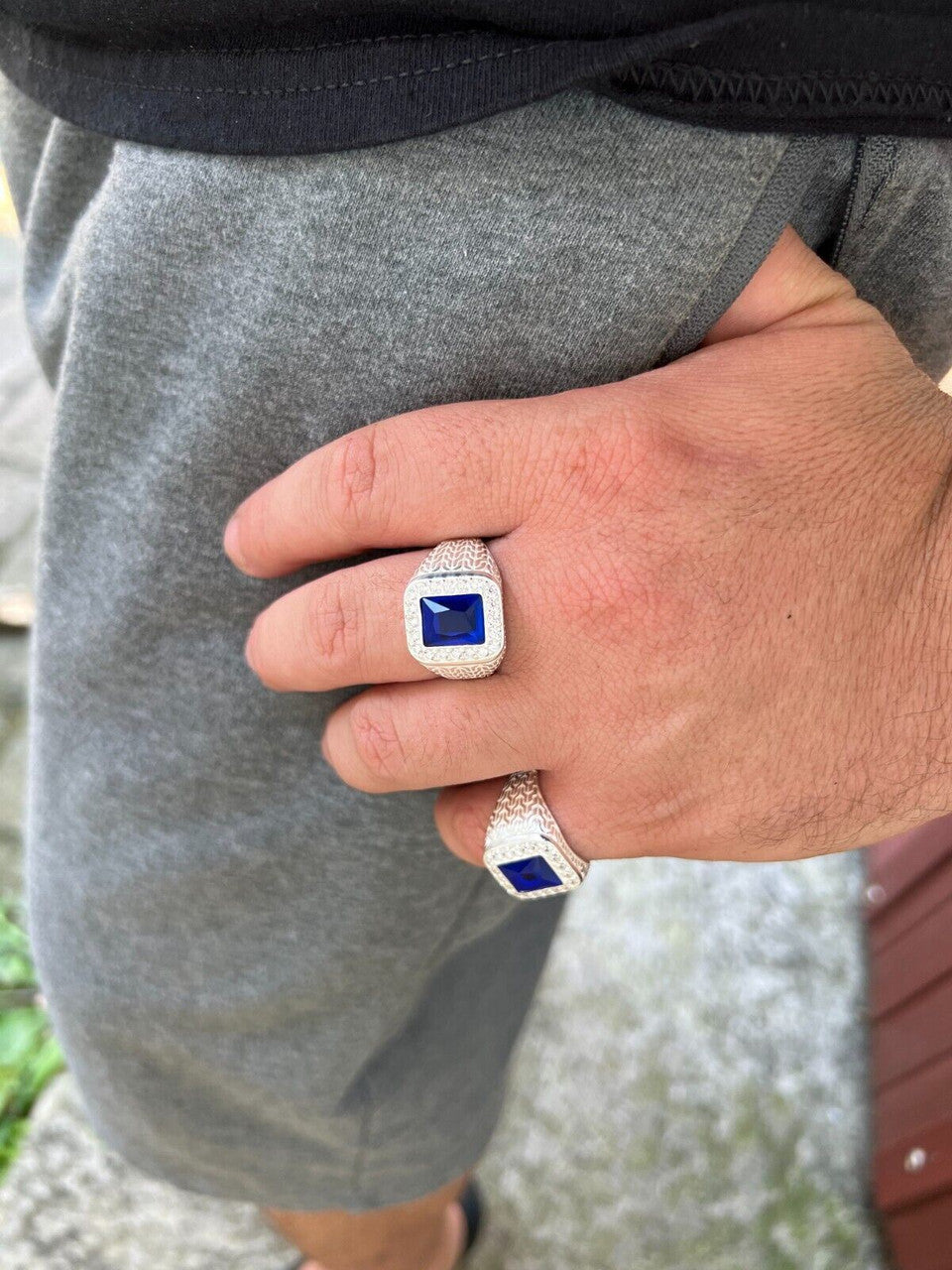 Men's Real 925 Sterling Silver Iced Simulated Blue Sapphire & CZ