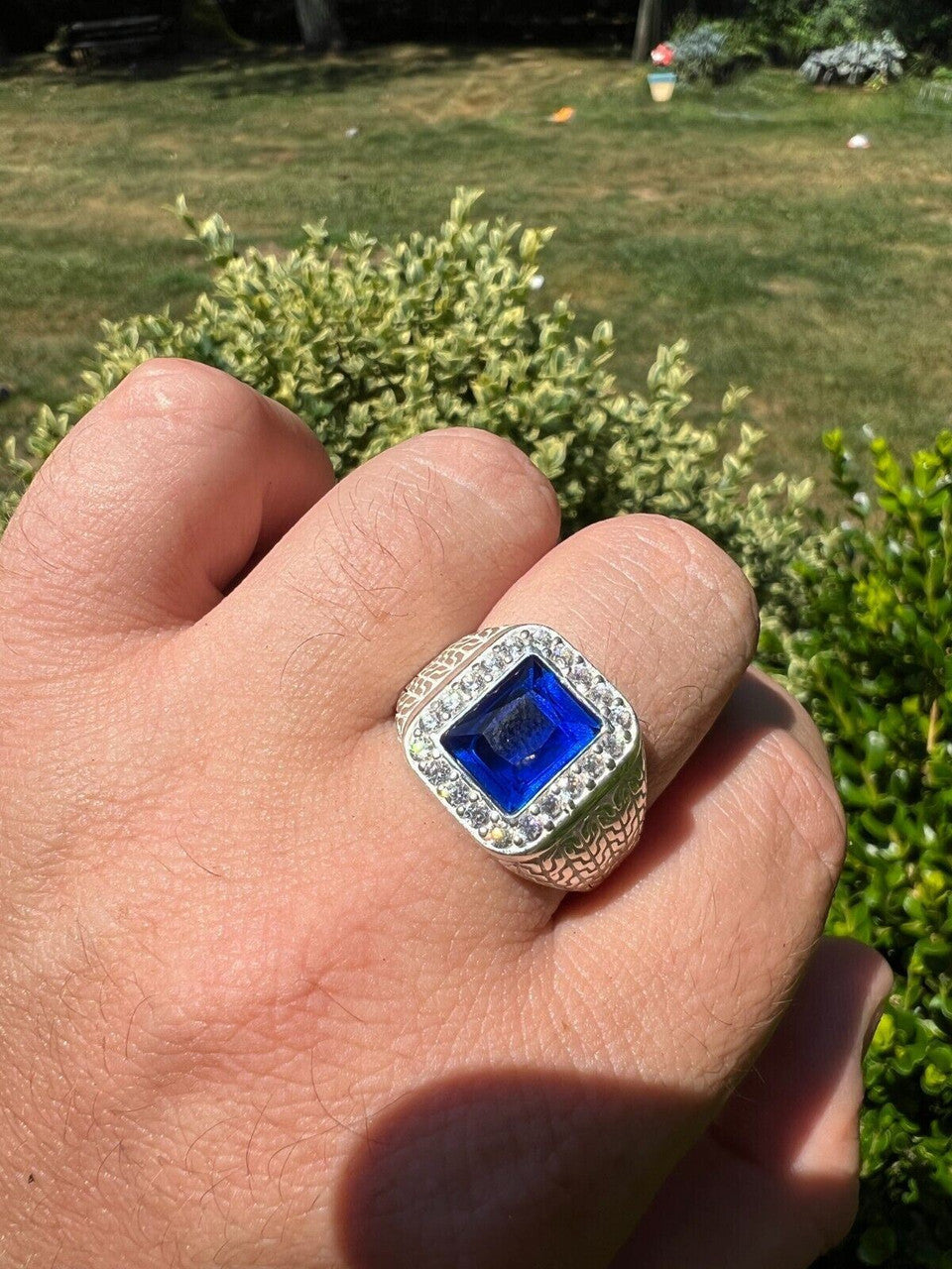 Men's Real 925 Sterling Silver Iced Simulated Blue Sapphire & CZ