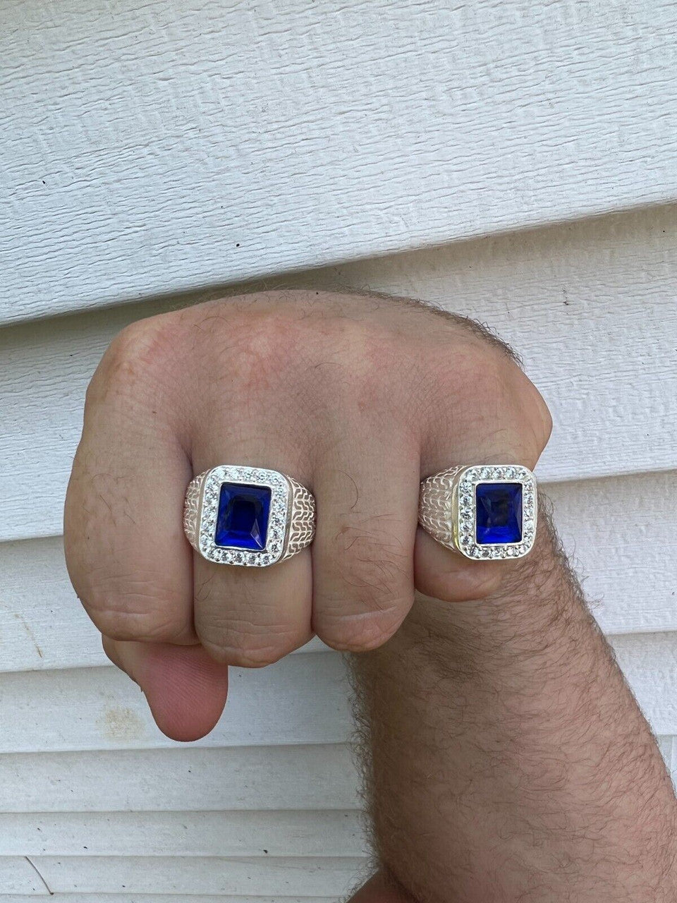 HarlemBling Mens Real 925 Sterling Silver Iced Simulated Blue Sapphire and CZ Hip Hop Ring