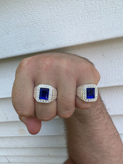 HarlemBling Mens Real 925 Sterling Silver Iced Simulated Blue Sapphire and CZ Hip Hop Ring