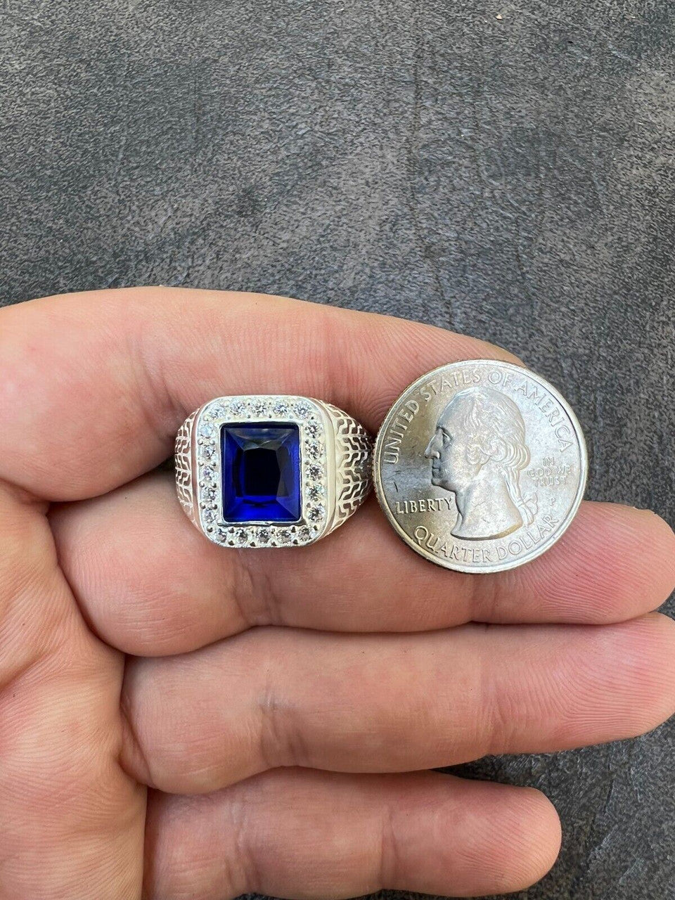 Men's Real 925 Sterling Silver Iced Simulated Blue Sapphire & CZ