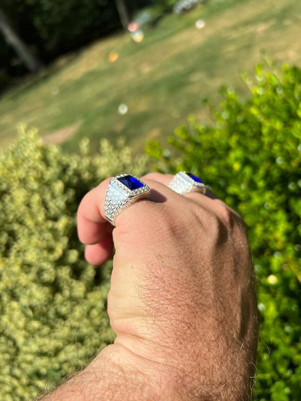 HarlemBling Mens Real 925 Sterling Silver Iced Simulated Blue Sapphire and CZ Hip Hop Ring