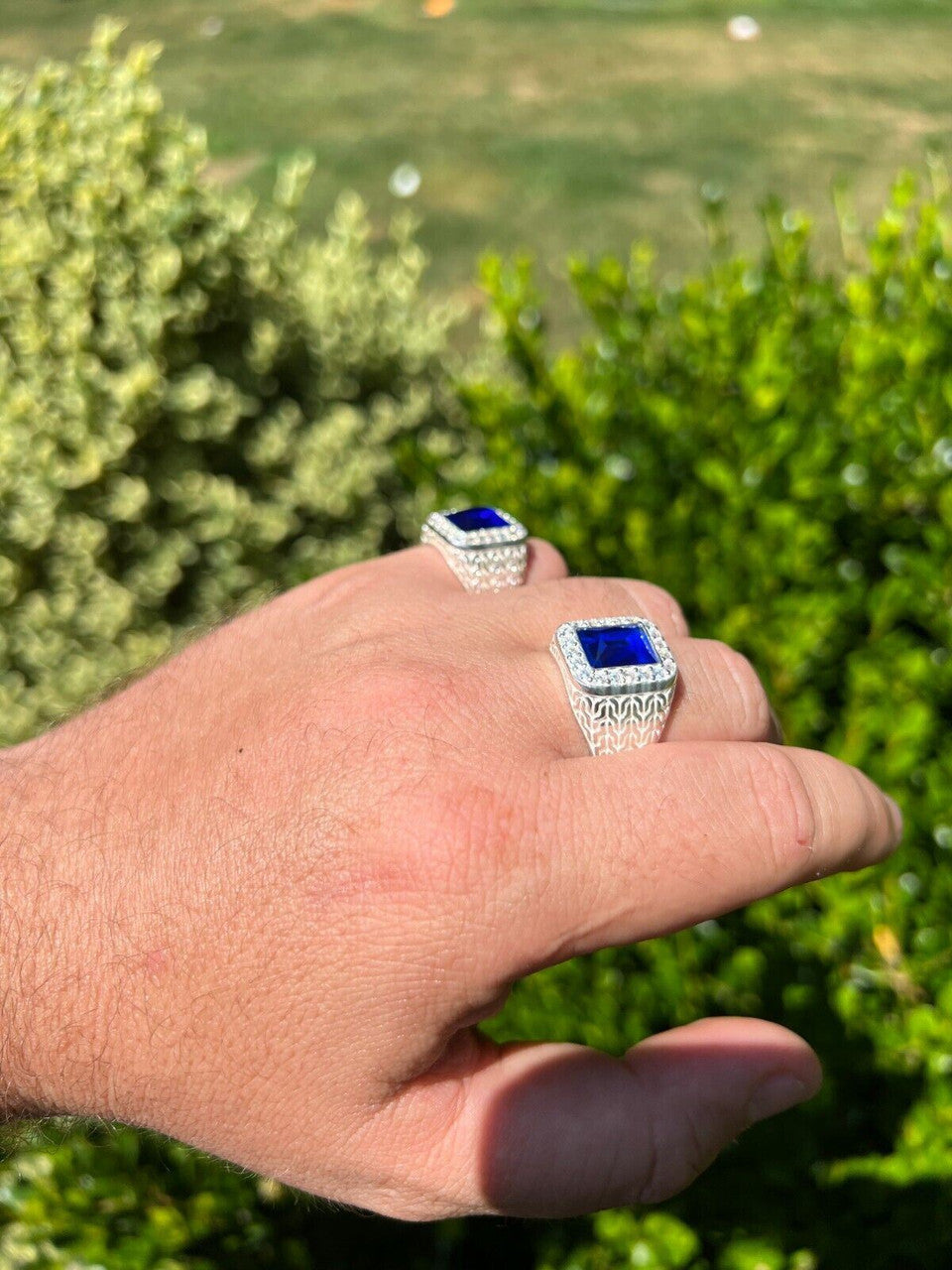 HarlemBling Mens Real 925 Sterling Silver Iced Simulated Blue Sapphire and CZ Hip Hop Ring