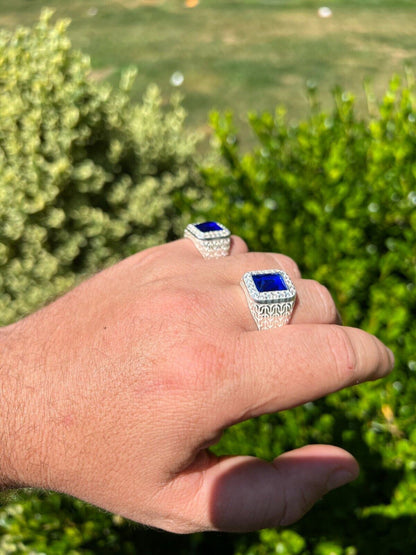 HarlemBling Mens Real 925 Sterling Silver Iced Simulated Blue Sapphire and CZ Hip Hop Ring