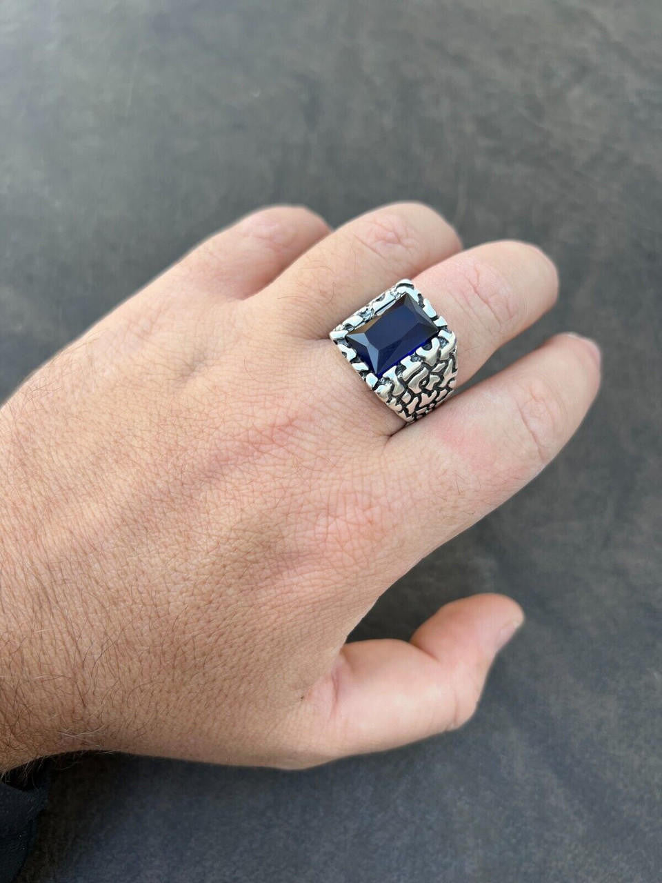 HarlemBling Mens Real 925 Sterling Silver Iced Simulated Blue Sapphire Nugget Hip Hop Ring