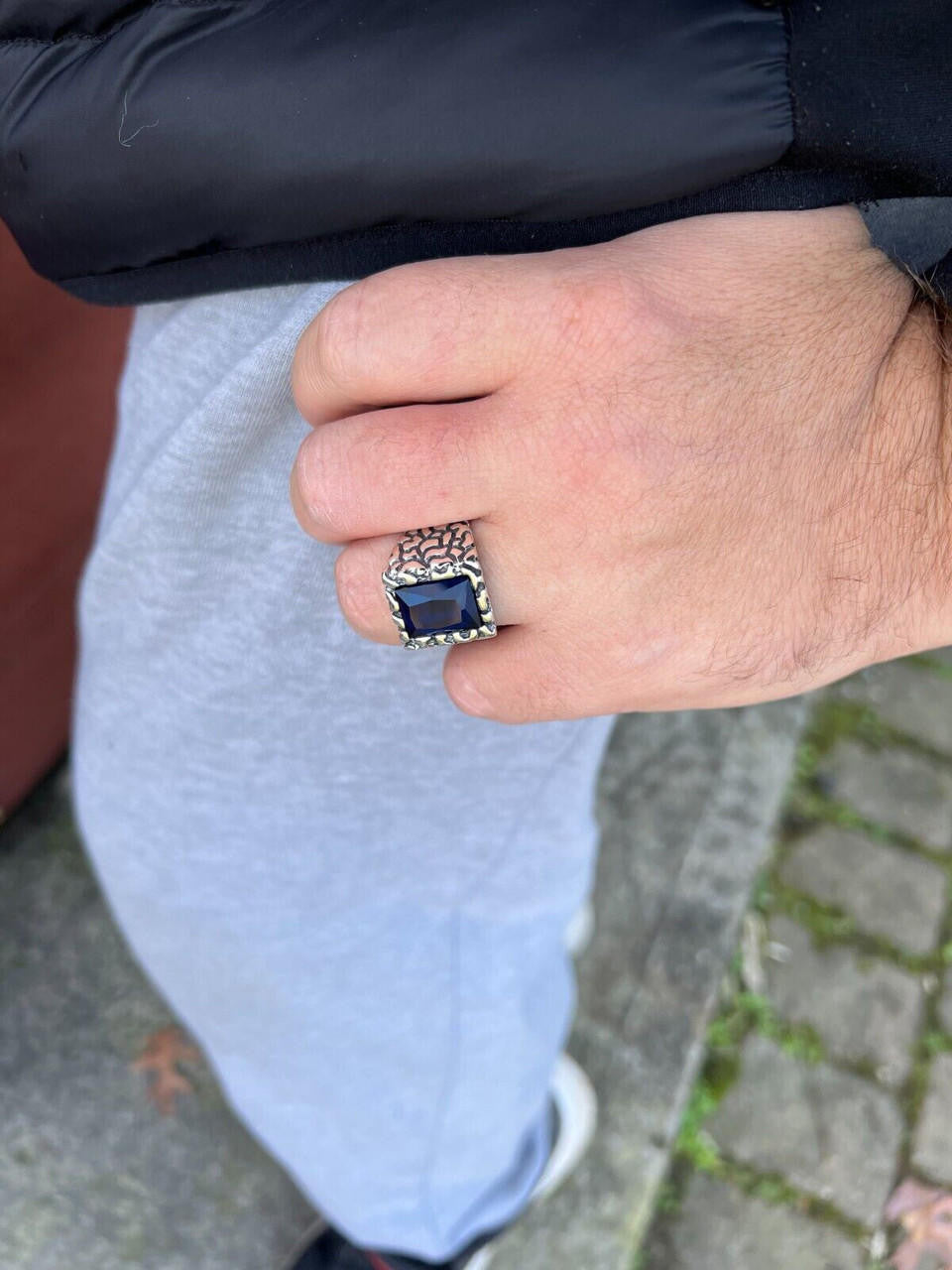 HarlemBling Mens Real 925 Sterling Silver Iced Simulated Blue Sapphire Nugget Hip Hop Ring