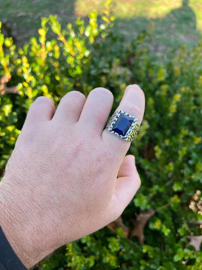 HarlemBling Mens Real 925 Sterling Silver Iced Simulated Blue Sapphire Nugget Hip Hop Ring