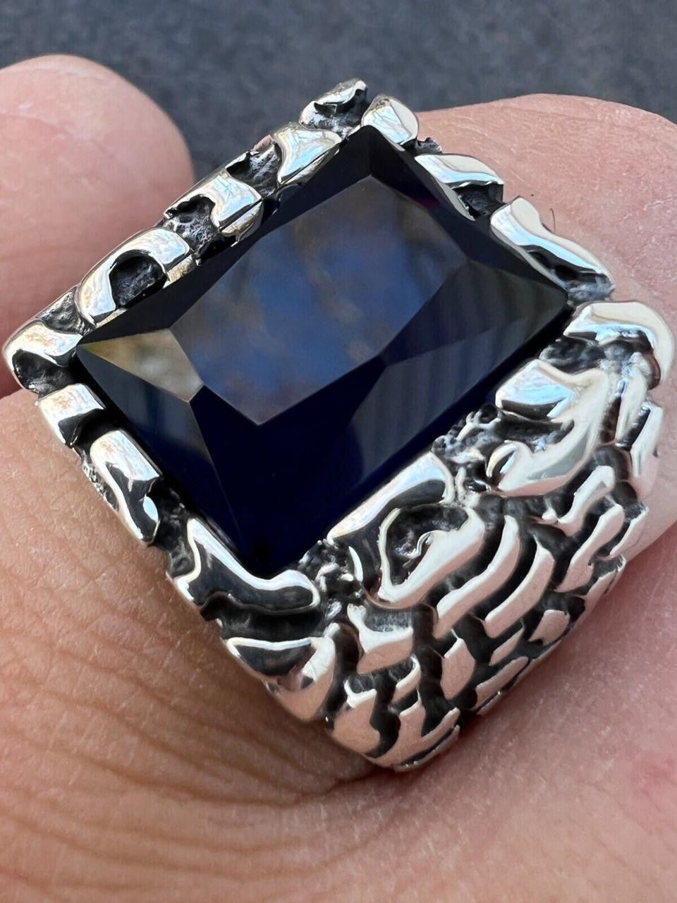 HarlemBling Mens Real 925 Sterling Silver Iced Simulated Blue Sapphire Nugget Hip Hop Ring