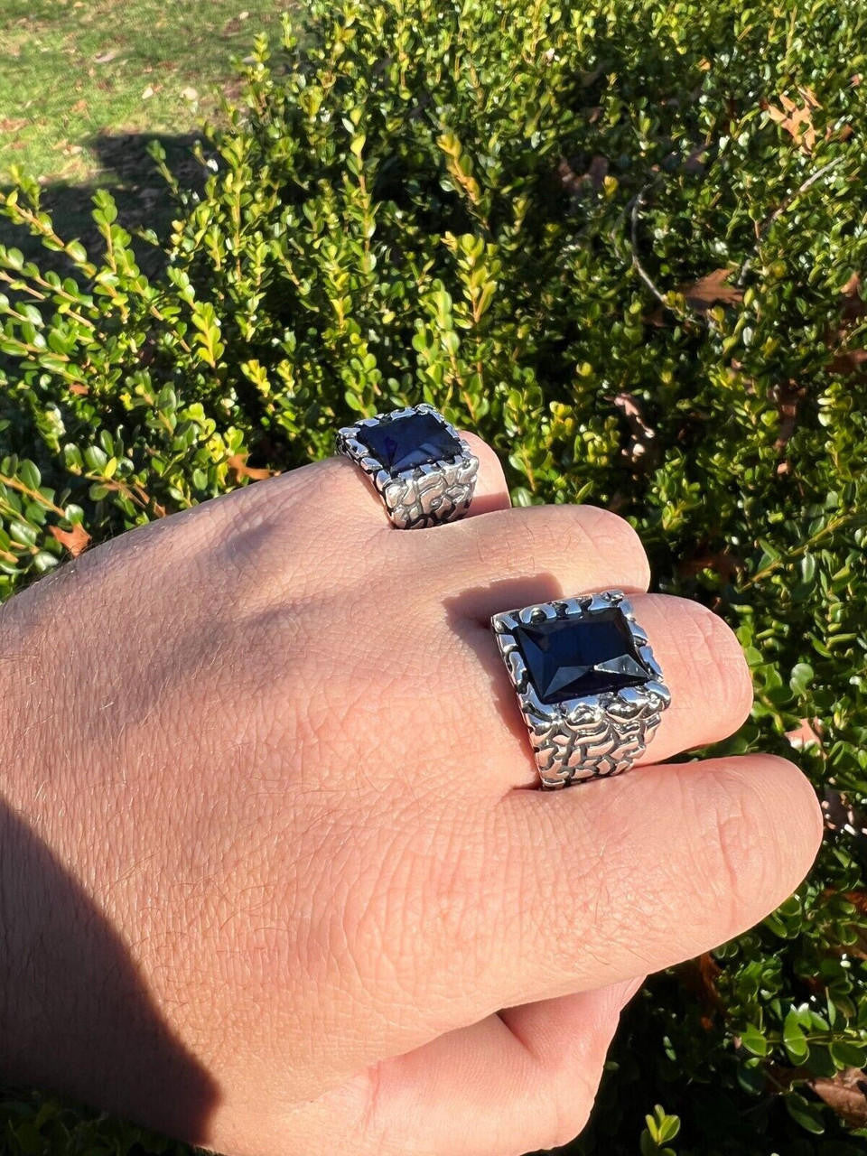 HarlemBling Mens Real 925 Sterling Silver Iced Simulated Blue Sapphire Nugget Hip Hop Ring