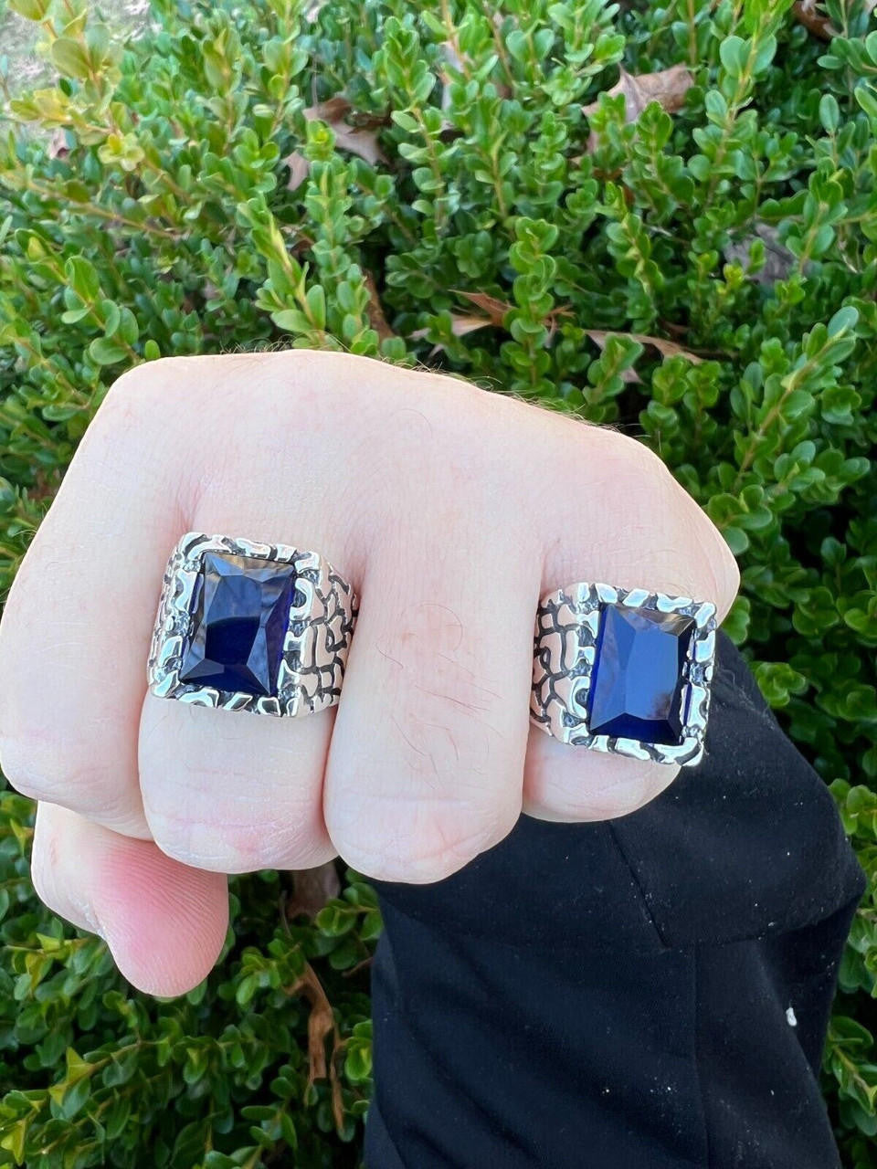 HarlemBling Mens Real 925 Sterling Silver Iced Simulated Blue Sapphire Nugget Hip Hop Ring